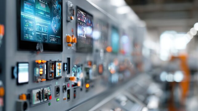 Closeup control panel with illuminated monitors, rows of switches, indicator lights and touchscreens display live metrics, tactile knobs and wiring, operator adjusting controls for automation, focus