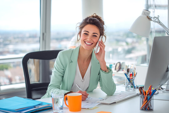 Concepto de productividad moderna que muestra la multitarea, el enfoque profesional y un flujo de trabajo eficiente en un entorno de oficina contempor&aacute;neo y luminoso.