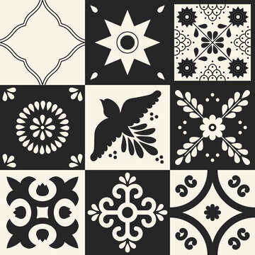 Set of traditional mexican talavera tile patterns. Ceramic art from Puebla. Mediterranean geometric ornament 