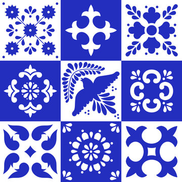 Set of traditional mexican talavera tile patterns. Blue and white ceramic art from Puebla. Mediterranean geometric ornament 