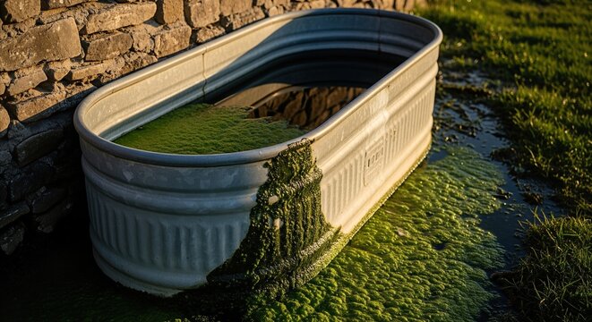 Rustic galvanized water trough filled with green algae near a stone wall at golden hour, evoking farm life and natural textures.