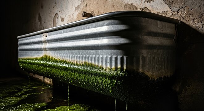Close-up of weathered galvanized water trough covered in vibrant green algae, with dripping water and a textured concrete wall, evoking rustic agricultural authenticity and decay.