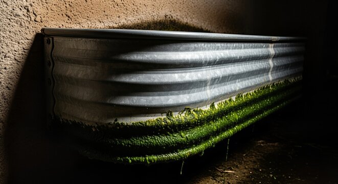 Weathered galvanized water trough with vibrant green algae, rustic agricultural detail against textured wall, dramatic lighting.