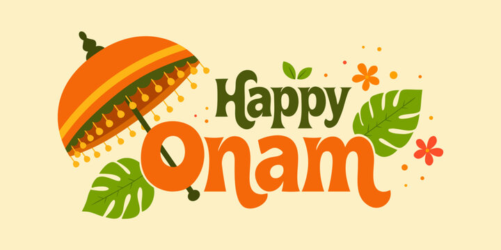 A banner design for the Onam festival featuring a traditional decorative umbrella and tropical leaves. Festive typography celebrating the harvest festival in Kerala. Vector illustration.
