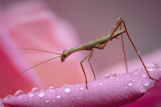 Camouflaged stick insect resting on a rose bloom, ultra-close floral macro shot