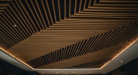 Fototapeta premium Modern wooden slat ceiling with geometric pattern and warm accent lighting, interior design inspiration with copy space