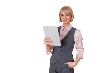 Fototapeta premium Professional blonde woman holding tablet, smiling confidently, staying connected to business technology on transparent background