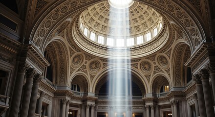 Obraz premium Grand Atrium Dome with Sunlight Beam, Ornate Classical Architecture Interior, High Contrast