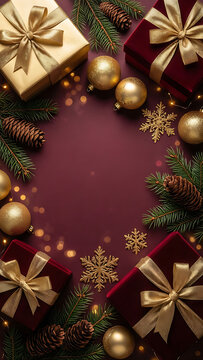 composition de No&euml;l plate pr&eacute;sente des bo&icirc;tes cadeaux luxueuses, des boules dor&eacute;es, des flocons de neige d&eacute;coratifs et des pommes de pin, dispos&eacute;s autour dun fond bordeaux avec des lumi&egrave;res bokeh.