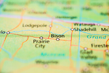 Naklejka premium Soft focus map detail of Bison and surrounding South Dakota towns for travel planning.