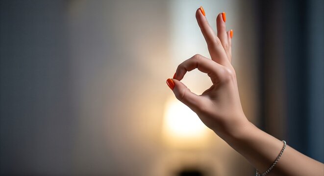 Woman's hand making 'OK' gesture with bright orange nails, symbolizing assurance and positivity, against a soft, warm blurred background
