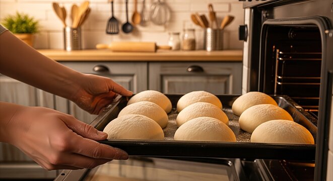 Hands place unbaked dough buns on baking sheet into oven for home baking