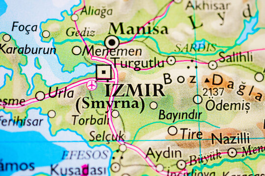 Closeup road map centered on Izmir Smyrna in western Turkey for destination planning and navigation.