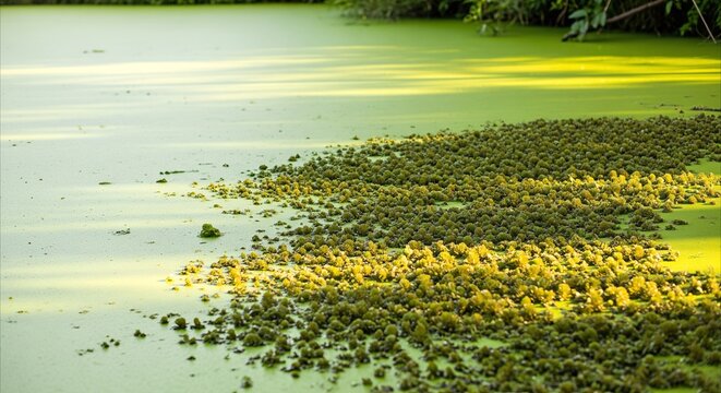 Dense green duckweed covers a tranquil pond surface, offering vibrant natural texture and ample copy space