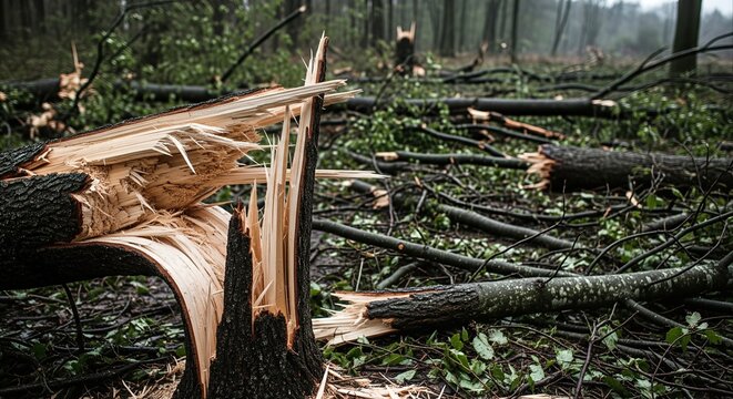 Splintered tree trunk destroyed by storm, fallen branches and debris littering forest floor with overcast sky