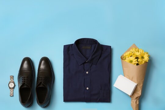 Accessoires &eacute;l&eacute;gants masculins dispos&eacute;s &agrave; plat sur fond bleu minimaliste avec chaussures et chemise