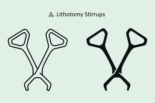 A minimalist showing two variations of lithotomy stirrups, a medical instrument used for positioning patients during surgical procedures, presented in both outline and solid black styles
