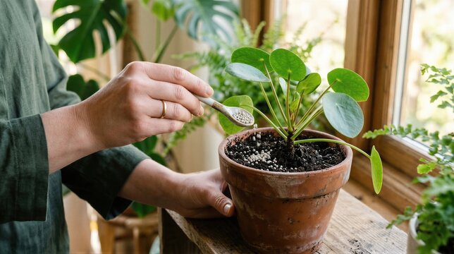 Woman gardener pouring fertilizer granules into soil of pilea plant in clay pot. Agriculture hobbyist caring for indoor greenery with chemical nutrients. Home plant cultivation concept.