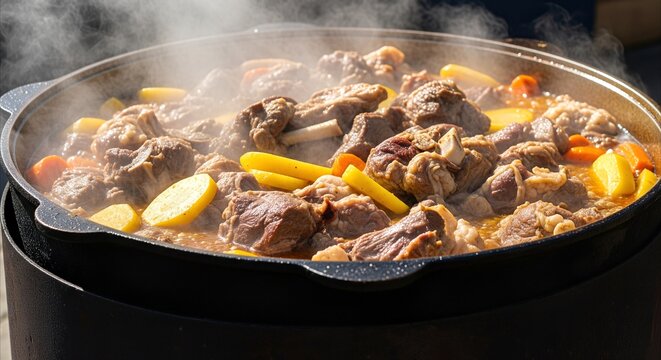 Hearty meat and potato stew simmering in a rustic cauldron, generating steam outdoors