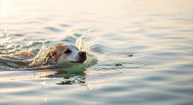 Golden hour dog swims and splashes in clear water, creating ripples, joyful pet enjoying outdoor activity