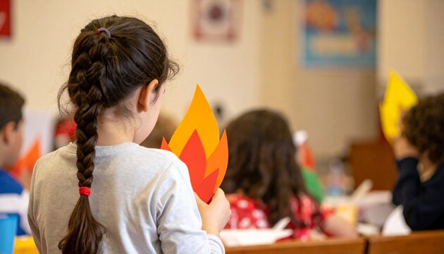 Kind Beim Pfingstbasteln Mit Papierflamme Im Religionsunterricht Oder Kindergottesdienst