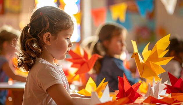 Kinder Beim Pfingstbasteln Mit Papierflammen Und Origami Tauben Im Kindergottesdienst Oder Religionsunterricht