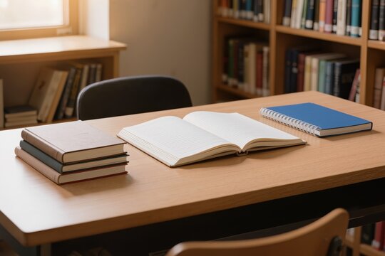 Pile de livres et carnet ouvert sur un bureau dans un espace d&rsquo;&eacute;tude lumineux