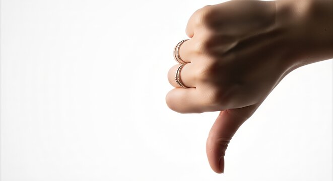 Hand with rings giving thumbs down gesture, representing disapproval or negative feedback against a clean white background with copy space.