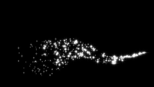 Glowing white glitter stars trail, magic sparkle dust line, fairy light shimmer motion, magic sparkles glitter line stars, magic dust, pixie dust path, Christmas stars isolated on a black screen. 4k