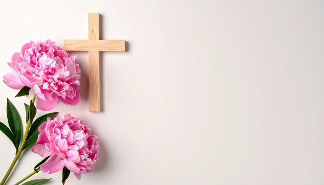 Pinke Pfingstrosen Mit Holzkreuz Auf Hellem Hintergrund Als Christliches Fr&uuml;hlingsbanner Mit Copyspace