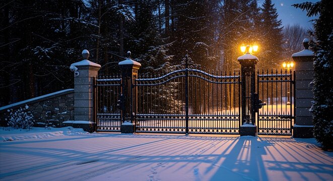 Elegant winter night gates on a private luxury estate, conveying security, privacy, and exclusivity with dramatic lighting.