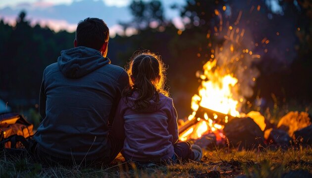 Father and Daughter Sitting by Campfire in Nature at Dusk, Cozy Father&rsquo;s Day Outdoor Family Moment