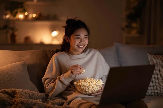 Cozy night in: smiling woman watches a movie on a laptop while munching popcorn at home