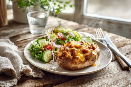 Homestyle potato topped with baked beans and cheddar, paired with fresh mixed greens