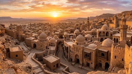 Fototapeta premium Ancient Cityscape at Sunset with Historic Buildings and Dunes