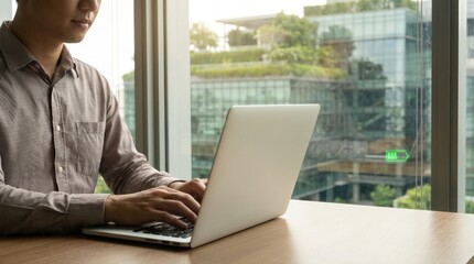 Fototapeta premium Man typing on a laptop near a window showing a green battery charging icon