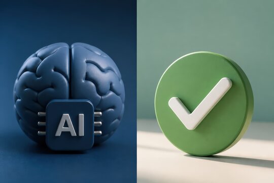 Artificial intelligence verification concept with brain and approval checkmark for trust technology business and digital decision making