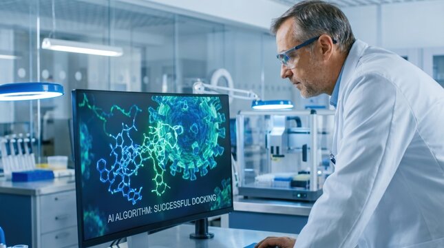 Scientist analyzing a successful viral docking algorithm on a computer screen