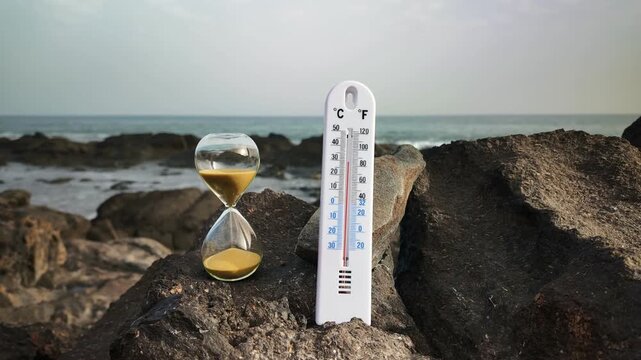 Conceptual timelapse showing the effects of climate change with a thermometer indicating rising temperature, an hourglass marking passing time, and the sea level rising over coastal rocks