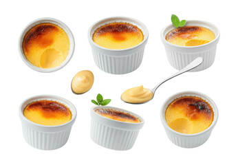 Obraz premium Multiple crème brûlée servings in white ramekins with caramelized sugar tops, a spoonful of vanilla custard and mint garnish on a transparent background