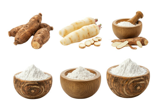 Cassava (yuca) whole and peeled roots with sliced pieces alongside cassava/tapioca flour presented in wooden bowls and a mortar on transparent background