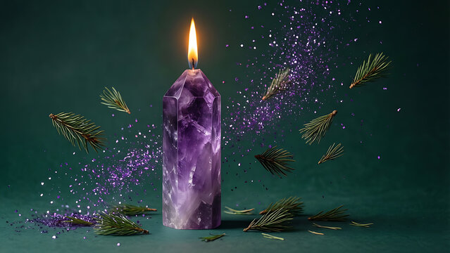 Bougie violette allum&eacute;e en pierre d'am&eacute;thyste, avec &eacute;tincelles et branches de sapin sur fond transparent