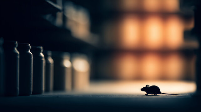 Mouse silhouette in a dark warehouse corridor with blurred storage bottles, cinematic hantavirus disease transmission concept
