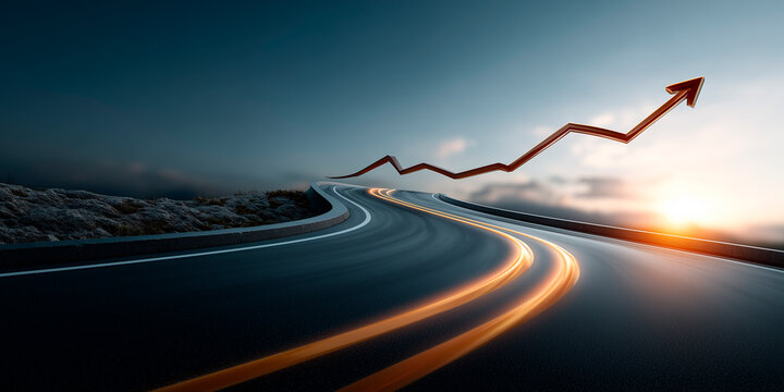 Drive your business success with a strategic roadmap to a brighter future, showing exponential growth and financial prosperity with a winding road