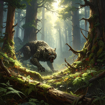 Makhluk buas mirip serigala berkeliaran di hutan kuno yang diterangi sinar matahari