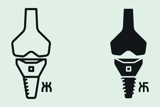 A set of two medical representing a knee joint replacement implant, shown in both outline and solid black styles against a light background
