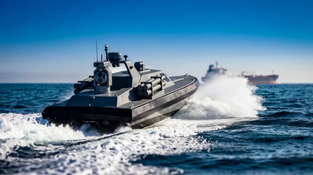 The military drone boat water type unmanned vehicle speeds across the water, creating waves as it approaches a large oil tanker.