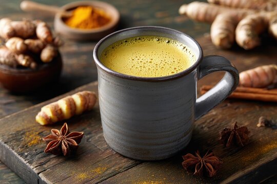 Cozy Ayurvedic drink: golden milk in a grey mug with turmeric root and spice accents on rustic wood