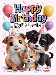 Fototapeta premium Happy Birthday My Little Girl: Cute Pet Illustration