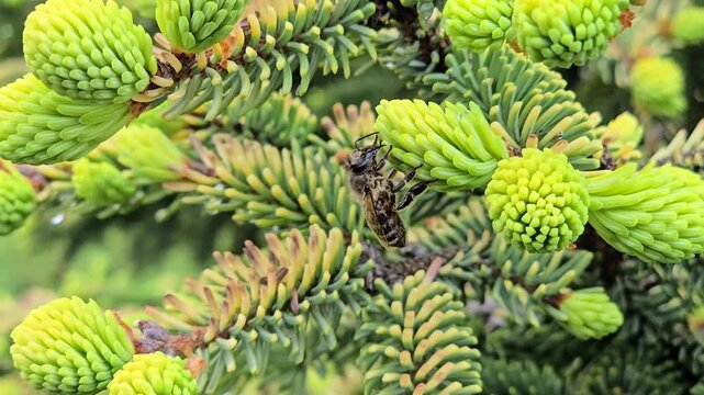 Macro shot of honey bee pollinating fresh green spruce tree branch in spring with natural wind motion.